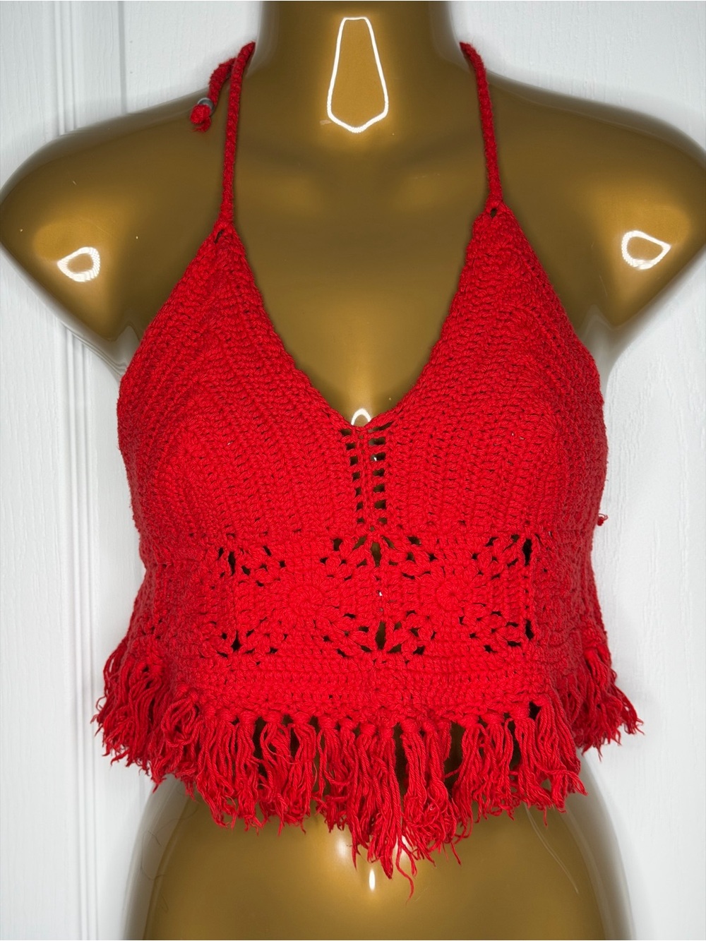 Red Crochet Fringe Halter Crop Top